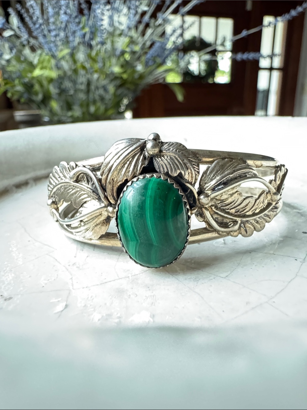 Vintage Native American Sterling Silver and Malachite Cuff Bracelet